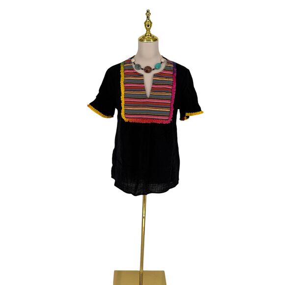 Entro Short Sleeve Top MEDIUM Fringe Trim Black Cotton V-Neck Boho Aztec Rainbow - Picture 2 of 14